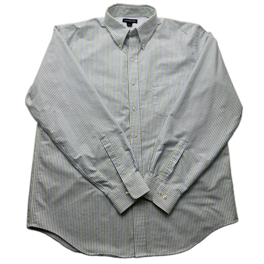 Lands' End Mens L 16-16.5 Oxford Shirt Green Blue Stripe Button Down Cotton